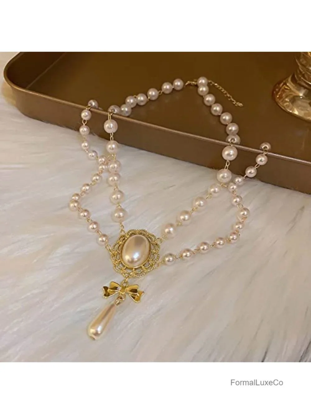 Vintage 1920s Bridal Faux Pearls Choker Necklace Layered Tassels Bow for Women